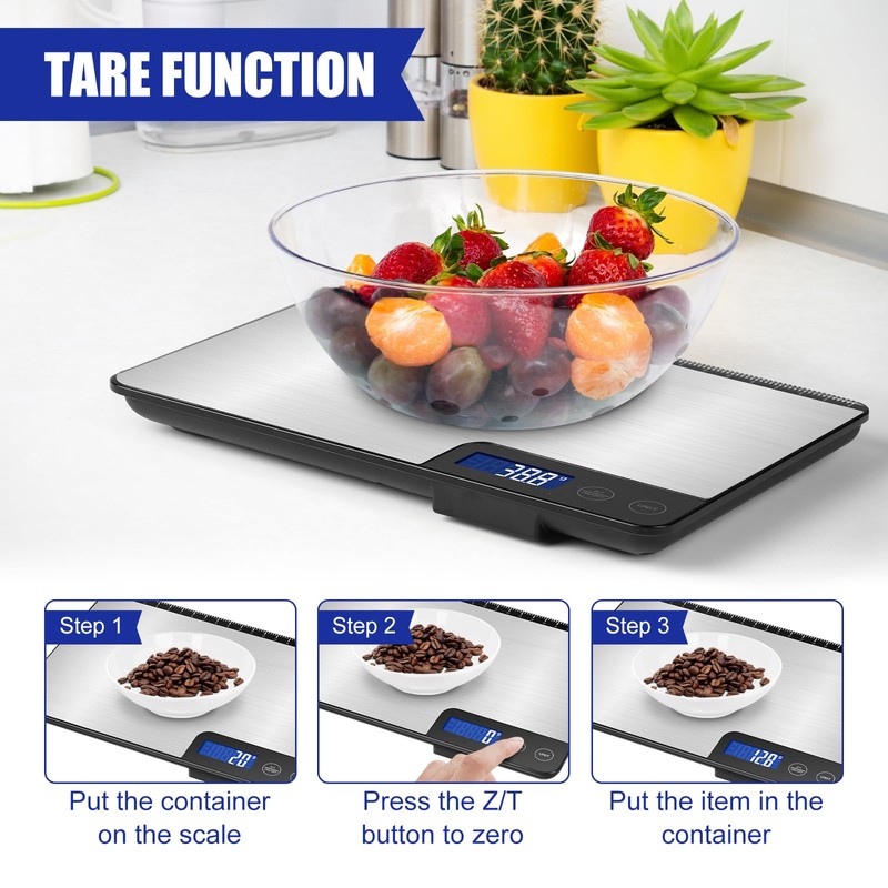 Digital Kitchen Scale, 33lb Capacity, Stainless Steel & Tempered Glass,