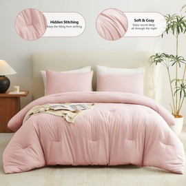 CozyLux Blush Pink Comforter Set King Size for Girls, 3 Pieces Women Solid Breathable Quilted Boho Style Bedding Sets, Luxury Fluffy Soft Microfiber Comforter All Season(1 Comforter & 2 Pillowcases)