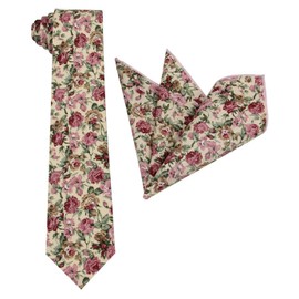 Mens Floral Pattern Tie and Pocket Square Set - Slim - Regular - Extra Long Necktie (Dusty Rose, Slim)
