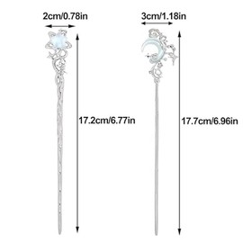 4PCS Silver Moon Hair Sticks for Buns - Vintage Chinese Hanfu Hair Chopsticks, Asian Style Metal Hairpins for Women, Long Hair Updo Holders, Secure Bun Styling Accessories Girls
