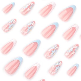 Press On Nails, Summer Flower Fake Nails, Cute Design Floral Stick On Nails, Short Square Almond Ballet Shape Glue on Nails on 24PCS (Blue White Flower)