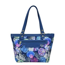 Anuschka Zip Top City Tote-Wanderlust Collection-Nylon Fabric with Leather Trim and Artwork Print, Sea Treasures