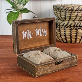 Juvale Wooden Two Become One Wedding Ring Box with Burlap Pillow Lining, Hinge Clasp Closure Wedding Ring Holder for Ceremony, Anniversaries, and Marriage Renewal (6x4x2 in)