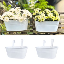 LaLaGreen Rail Planter Outdoor Plants (2 Pack, 9.8 Inch) Small and Cute Metal Iron Hanging Flower Pots Deck Railings White Fence Modern Garden Boho Style Wall Mount Window Box Plant Holder Porch Decor