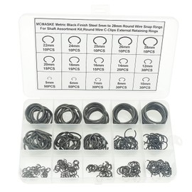 MCMASKE Metric 5mm to 28mm Round Wire C-Clips External Retaining Rings Assortment Kit;Round Wire Snap Rings for Shaft(Black-Finish Steel