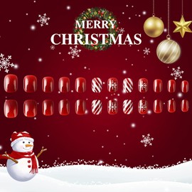 LOPMNGHT Christmas Red Press on Nails Short Square Snowflake False Nails with Red White Stripe Design Winter Xmas Acrylic Nails French Glue on Nails Full Cover Glossy Stick on Nails for Women 24Pcs