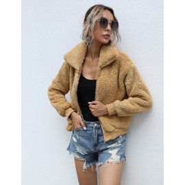 AKEWEI Women's Casual Lapel Fleece Shearling Jacket Cropped Teddy Bear Jacket Zipper Faux Fur Coat
