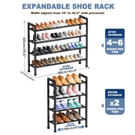 Mavivegue Expandable Shoe Rack, 4-Tier 19"-43.3" Adjustable Shoe Rack for Closet,Hall Entryway,Front Door,Garage, Sturdy Steel Space-Saving Rack, Black​