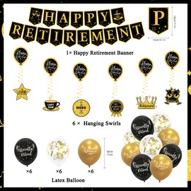 Roetyce Retirement Party Decorations for Men Women, Black Gold Happy Retirement Banner Balloons Hanging Swirls Kit, Lengend Has Retired Backdrop for Coworker, Office Retirement Party Supplies