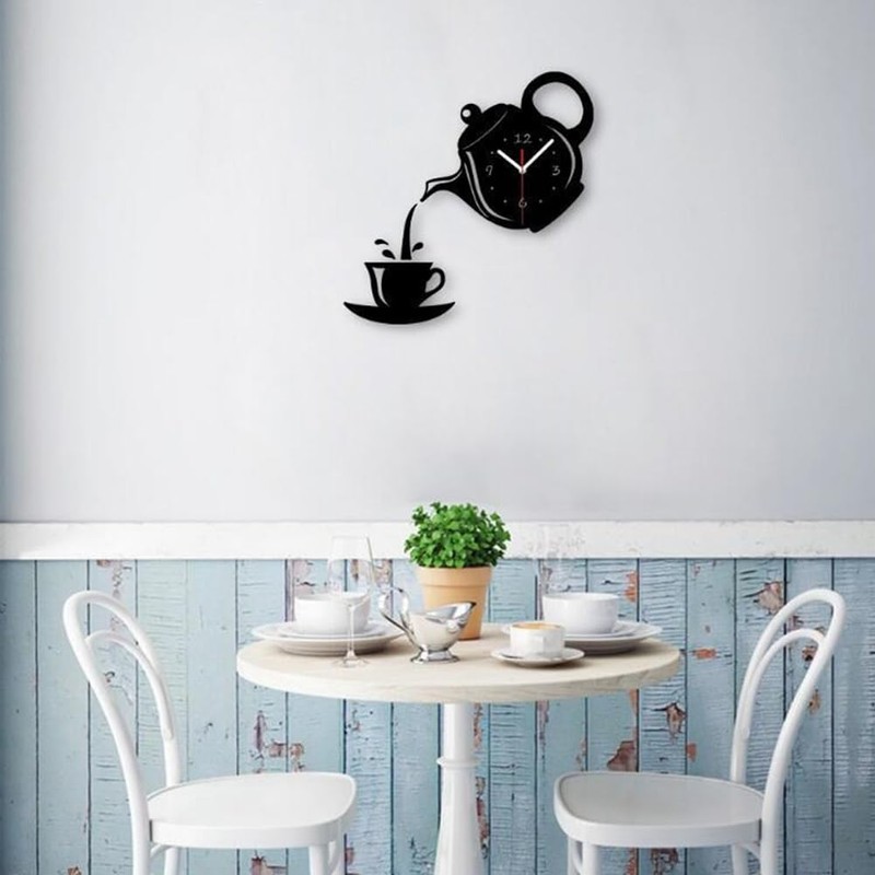Fowecry 3PCS DIY Acrylic Coffee Cup Teapot 3D Wall Clock