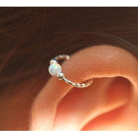 Cartilage Earring Hoop - 20G Sterling Silver helix piercing ear ring - white opal cartilage earring, silver cartilage hoop - cutwire silver