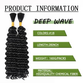 Deep Wave Bulk hair for Braiding Wet and Wavy Micro Braiding Hair No Weft Faux Deep Wave Braids Hair Extensions for Box Boho Braids 165g with 2Bundles #1B (28Inch)