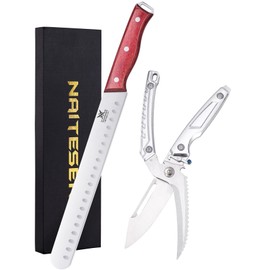 Naitesen 2PCS All Purpose Kitchen Shears and Brisket Carving Knife Set, Heavy Duty Poultry Scissors, Butcher Slicing Knife for Vegetable Meat Beef Turkey Cutting, Gifts for Men Women