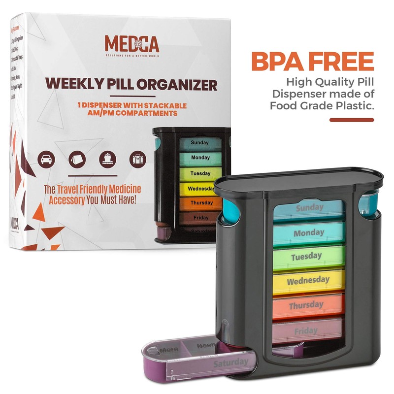 Weekly Pill Organizer, 1 Dispenser, 7 Stackable Compartments Four Times-a-Day