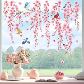 wondever Fenstersticker Kirschblüte Blume Fenster Aufkleber Hängende Blumen Rebe Vögel Fensterbilder Fensteraufkleber Anti-Kollision Doppelseitig Glasaufkleber Glas Deko