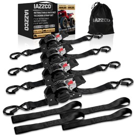 IAZZCO Retractable Ratchet Straps(4-Pack) - 1 Inch × 10 Ft (1800 LB Break Strength) Heavy Duty Self Retracting Ratchet Straps with Soft Loops & Storage Bag for Household, Motorcycle, Truck, ATV(Black)