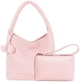 DSGUTWO Woven Top Handle Handbag for Women, Small Hobo Bag with Mini Purse, Travel Beach Tote, Designer Handmade Shoulder Bucket Bag (Light Pink), Light Pink