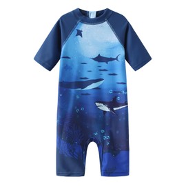 Moon Tree Toddler Boys One Piece Rash Guard Swimsuits for Baby Boys Sunsuits Short Sleeve Sun Protective Bathing Suits Beach Swimwear Navy Ocean Life 5T
