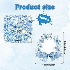 Tinoaly 50pcs Coquette Blue Bow Stickers, Vintage Aesthetic Cute Decals Vinyl Waterproof Girly Label for Water Bottles Laptop Phones Scrapbook Journals Gift Crafts