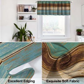 MCALK Teal and Brown Kitchen Curtains Tiers and Valances Set 3 Piece for Windows Farmhouse Kitchen Window Curtains Set,Wooden Texture Valances for Living Room(36" Tiers Set)