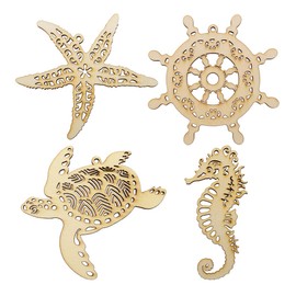 Summer-Ray 12 Wooden Sea Theme Laser Cutout DIY Craft Party Decoration Room Decoration Seahorse, Helm, Sea Turtle, Starfish