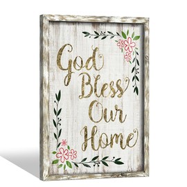 Christian Home Wood Wall Decor: Religious Quotes Framed Art Picture Rustic God Bless Signs Print Decoration Inspirational Scripture Artwork for Bedroom Country Living Room Farmhouse