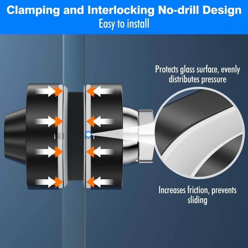 Ranbo Frameless Double-Sided Glass Door Lock,Clamp-On No-Drill,304 Stainless Steel,for 3/8"–1/2"(10-12mm)