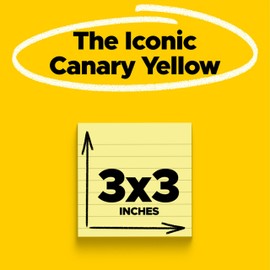 Post-it Notes, 3 in x 3 in, 2 Lined Sticky Notes Pads, 100 Sheets per Pad, The Iconic Canary Yellow Note, New Year Organization or Second Semester School Supplies