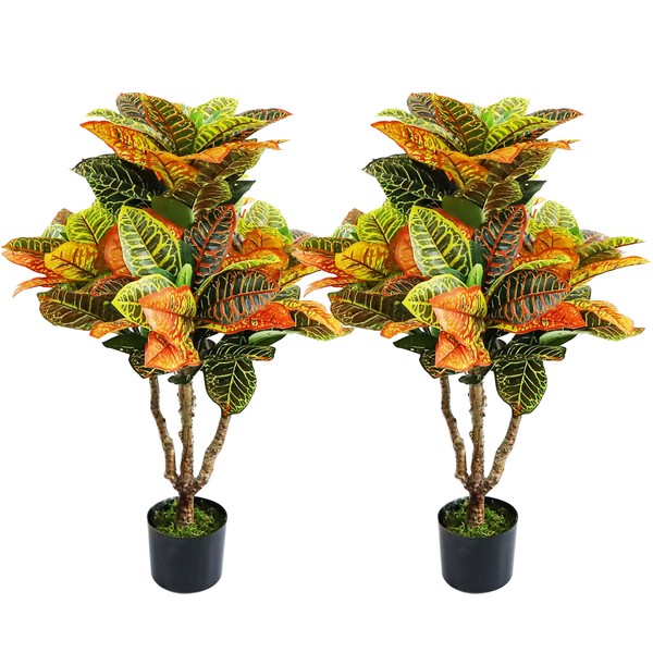 2PCS Artificial Croton Plant, Faux Fiddle Leaf fig Tree,Artificial Trees