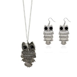 Ailiessy Vintage Retro Owl Necklace Earrings Big Eye Owl Bird Dangle Drop Earrings for Women Fashion Jewelry Set(silver)