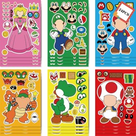 24 Pcs Mario Face Stickers Sheets for Children Party Bags, Make Your Own Stickers Characters DIY Stickers for Kids Party Favor Supplies Craft