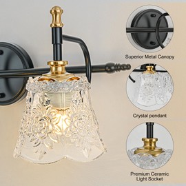 YUNICE Vintage Vanity Light Black and Gold Bathroom Vanity Light Fixtures Antique Vanity Light Fixtures Over Mirror 3-Light Wall Sconce, Brushed Gold with White Glass Flower Shade