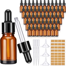 Lallisa Lallisa 100 Pack Essential Oil Dropper Bottle 10 ml (1/3 Oz) Glass Dropper Bottles DIY for Diy essential Oil Perfume with 5 Funnels 5 Pipettes 3ml 100 Labels for Bathrooms, Hotels, Labs (Amber)