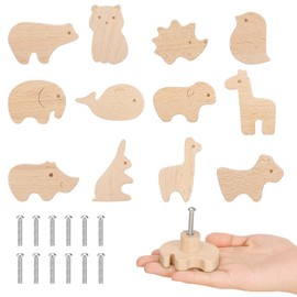 Lvefyti Pack of 12 Wooden Cabinet Knobs for Children's Room, Furniture Knobs Animal Shapes, Wooden Knobs Chest of Drawers with Screws, Animal Wood Drawer Handle, Furniture Knob and Cabinet Door Knobs