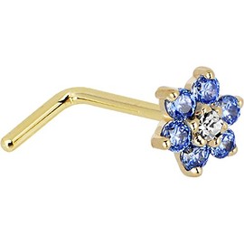 Body Candy Solid 14k Yellow Gold Arctic Blue and Clear Cubic Zirconia Flower L Shaped Nose Stud Ring 20 Gauge 1/4"