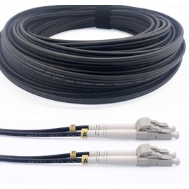 Elfcam® - 25m/82ft Outdoor and Indoor Shielded Armored Fiber Optic Cable LC/UPC to LC/UPC OM3 Multimode Duplex 50/125μm LSZH, Black 25 Meters