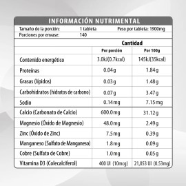 Calcio 600 M + Vitaminas Y Minerales | 140 Tabletas | Maklen Sabor Sin sabor
