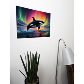 The Plum Penguin Orca Leap Aurora Borealis Wall Art - A4 Twin Set MDF Wooden Home Decor Canvas Alternative 40 x 30cm