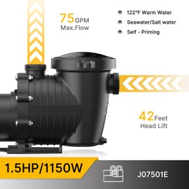 1.5 HP Pool Pump | Dual Voltage | 4500GPH Max Flow | 42FT Head Lift | DoE-Compliant | 1.25/1.5/2" Fittings | Pool Pump for Above Ground Pools and Inground Pools | 115V/230V AC 60HZ | Model J07501E