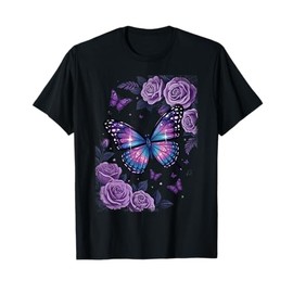 Cute Purple Butterfly Wings and Rose Vintage Flowers Graphic T-Shirt