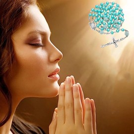 Kuesn Amethyst Catholic Rosary Necklace 6mm Purple Pearl Beads Rose Flower Cross Religious Necklace (Sky Blue)