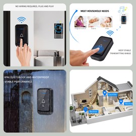 KEWUZY Wireless Doorbell, Waterproof, Dust, Outdoor Doorbell, Front Door with 52 Ringtones, 4 Volumes, Flashing LED, Doorbell Set, Wireless Range, 400 m, Black