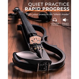 Vangoa Electric Violin Full Size 4/4, Black Silent Electric Violin, Solid Wood Metallic Electric Fiddle with Ebony Fittings, Beginner Kit for Adults Teens