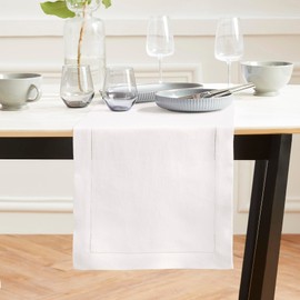 Solino Home Linen White Table Runner 60 Inch - 100% Pure Linen Hemstitch Short Table Runner 14 x 60 Inch Ideal for Dresser and Coffee Tables - Sonoma, Spring, Easter
