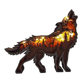 MEETOZ Creative Wolf Decoration Wolf Statue Desktop Decoration Lights, Wooden Animals Crafts,Christmas Decoration