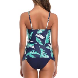 Tempt Me - Conjunto de tankini de dos piezas con control de abdomen para mujer, cuello alto y parte inferior, traje de baño fruncido, Azul marino, Large