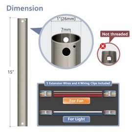 Onnzuw 15 inch Ceiling Fan Downrod with 5 Extension wires and 4 Wiring Clips, Brushed Nickel Ceiling Fan Extension Downrod【1 inch Outer Diameter】 Suitable for Various Ceiling Fans (Non Threaded)