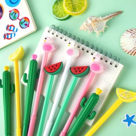 30Pcs Hawaiian Luau Ballpoint Pens, 0.5 mm Black Gel Ink Pen, Cute Flamingo Watermelon Cactus Lemon Fruit Pen for Kids Student and School Office Supplies