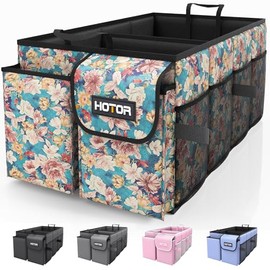 HOTOR Trunk Organizer- Car Organizer, Foldable Trunk organizer for SUVs & Sedans, Sturdy Car Organization for Car Accessories, Tools, Sundries, Blue Flower, 2 Compartments, 21.3"×12.6"×10.6"
