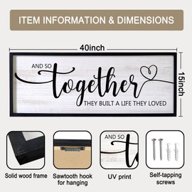 And So Together They Built A Life They Loved Decorative Rustic Sign & Plaque Framed Wall Art for Couples, 40''×15' Vintage 'Wooden Long Wall Decor Above Bed, Horizontal Farmhouse Wedding Gift